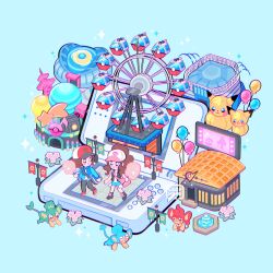 +_+ 1boy 1girl antenna_hair black_vest blue_jacket blush brown_eyes brown_hair chibi commentary cotton_candy creatures_(company) game_freak gen_5_pokemon handheld_game_console hat highres hilbert_(pokemon) hilda_(pokemon) holding holding_cotton_candy holding_food jacket leaphere nintendo nintendo_ds open_mouth panpour pansage pansear pants pokemon pokemon_(creature) pokemon_bw red_footwear red_headwear shirt shoes shorts sidelocks smile sparkle vest white_headwear white_shirt