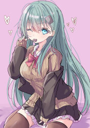 1girl absurdres aqua_eyes aqua_hair blush bow bowtie breasts brown_jacket brown_skirt candy cardigan chocolate chocolate_heart food hair_ornament hairclip heart heart-shaped_food highres hizaka jacket kantai_collection long_hair looking_at_viewer medium_breasts one_eye_closed pink_background pleated_skirt school_uniform shirt sitting skirt smile solo suzuya_(kancolle) suzuya_kai_ni_(kancolle) thighhighs wariza white_shirt