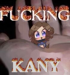 1girl 1other blush brown_hair chibi english_text eyelashes fire fucking_bnuuy_(meme) hair_bun highres kurashiki_akane kyokugen_dasshutsu kyokugen_dasshutsu:_9_jikan_9_nin_9_no_tobira meme mini_person minigirl open_mouth profanity purple_eyes reimeko sitting smile solo_focus