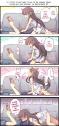 1boy 1girl 4koma after_masturbation ahoge black_shorts blue_shirt blush brother_and_sister brown_eyes brown_hair cellphone closed_eyes comic dress english_text female_masturbation female_orgasm frottage head_out_of_frame hetero highres incest loli long_hair lying masturbation moaning on_back on_stomach open_mouth orgasm original paid_reward_available panties pantyshot phone pink_panties shirt shorts siblings smartphone straddling strap_slip sundress tomagiri trembling underwear white_dress
