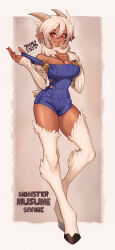 Rule 34 | 1girl, absurdres, blue overalls, blush, breasts, character name, cleavage, clip studio paint (medium), closed mouth, commentary, commission, copyright name, dark-skinned female, dark skin, detached sleeves, english commentary, full body, goat girl, goat tail, grey horns, hair between eyes, highres, hooves, horns, large breasts, lokigun, long bangs, looking at viewer, monster musume no iru nichijou, overalls, pointy ears, red eyes, saane (monster musume), short hair, smile, solo, white sleeves