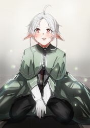 Rule 34 | 1girl, absurdres, ahoge, black pants, blush, cloak, elf, ell ura, full body, gloves, green cloak, highres, long sleeves, looking at viewer, mushoku tensei, orange eyes, pants, parted bangs, parted lips, pointy ears, short hair, sitting, solo, sylphiette (mushoku tensei), wariza, white gloves, white hair