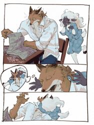1boy 1girl 3koma assertive_female comic furry highres kiss miiz04 original reading sitting speech_bubble thought_bubble