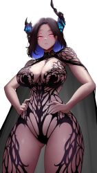 1girl :&lt; absurdres alternate_costume asymmetrical_horns bare_arms black_cape black_hair black_leotard blue_hair breasts cape chronopattern_dress cleavage clero_(viprimo) closed_mouth colored_inner_hair commentary earrings english_commentary flower glowing glowing_eyes gluteal_fold hands_on_own_hips highres hololive hololive_english horn_flower horns jewelry large_breasts leotard looking_at_viewer mole mole_under_eye multicolored_hair navel nerissa_ravencroft red_eyes revealing_clothes short_hair simple_background single_earring slit_pupils solo uneven_horns virtual_youtuber white_background