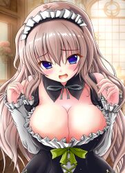1girl 9-nine- :d bare_shoulders black_dress blue_eyes blush bow breasts brown_hair cleavage commentary detached_collar detached_sleeves dress dress_bow eyes_visible_through_hair fingernails frilled_dress frilled_sleeves frills furrowed_brow green_bow grey_ribbon hair_between_eyes hands_up highres index_finger_raised indoors kujou_miyako large_breasts long_hair long_sleeves looking_at_viewer maid maid_headdress meme neck_ribbon next_time_you&#039;re_getting_this_(meme) nine_ball_maid_uniform nineball0211 official_alternate_costume open_mouth ribbon sleeveless sleeveless_dress smile solo upper_body very_long_hair