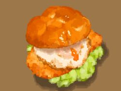 bread chicken_sandwich commentary egg_(food) egg_yolk food fried_egg highres hisachan55cute lettuce no_humans original pixel_art scenery simple_background yellow_background