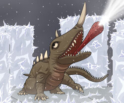 all_fours barugon breath_weapon breathing_ice building chibi city daiei_motion_picture frozen gamera_(series) gamera_vs._barugon horns ice kaiju kano-0724 lizard long_tail long_tongue monster nasal_horn night no_humans open_mouth sharp_teeth skyscraper snow spikes tail teeth tongue tongue_out very_long_tongue