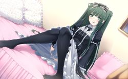 1girl bed blush frilled_pillow frilled_thighhighs frills game_cg gothic_lolita green_eyes hairband legs lolita_fashion lolita_hairband no_shoes on_bed pillow rikudou_sui sitting smile tel-o thighhighs two_side_up yamiyo_ni_odore