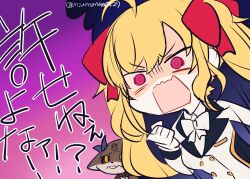 Rule 34 | 1girl, absurdres, ahoge, blonde hair, bow, breasts, chibi, clenched hand, collared shirt, debidebi debiru, hair between eyes, hair bow, hand up, highres, jacket, long hair, medium breasts, nijisanji, ninahachi, purple eyes, red bow, shirt, sketch, takamiya rion, takamiya rion (1st costume), translation request, turn pale, twintails, twitter username, v-shaped eyebrows, very long hair, virtual youtuber, wavy mouth, white bow, white jacket, white shirt