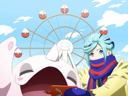Rule 34 | 1boy, absurdres, aqua eyes, aqua hair, arice487, blue mittens, blue scarf, cetoddle, cloud, commentary request, day, ferris wheel, gen 4 pokemon, grusha (pokemon), highres, holding, holding phone, jacket, long sleeves, male focus, mittens, nintendo, outdoors, phone, pokemon, pokemon (creature), pokemon sv, rotom, rotom phone, scarf, scarf over mouth, sky, striped clothes, striped scarf, yellow jacket