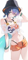 1girl absurdres bare_shoulders belle_(summer_skies)_(zenless_zone_zero) belle_(zenless_zone_zero) black_hat blue_hair crossed_bangs green_eyes hair_between_eyes hat highres holding holding_swim_ring innertube lumo_1121 navel official_alternate_costume official_alternate_hairstyle orange_shorts scrunchie shirt short_hair short_shorts short_sleeves shorts simple_background stomach swim_ring wet wet_clothes wet_shirt white_background white_shirt wrist_scrunchie zenless_zone_zero
