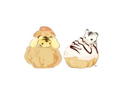 chai_(drawingchisanne) commentary_request cream cream_puff food food_focus highres in_food mike_(drawingchisanne) no_humans original pastry signature simple_background sweets tama_(drawingchisanne) tiger undersized_animal white_background white_tiger