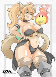 1girl armlet bare_shoulders bayeuxman bikini black_bikini blonde_hair blue_eyes bowsette breast_lift breasts collar crown dark-skinned_female dark_skin fire grey_background grey_thighhighs grin highres horns jewelry large_breasts looking_at_viewer mario_(series) navel new_super_mario_bros._u_deluxe nintendo pointy_ears ponytail shell simple_background sketch smile solo spiked_armlet spiked_collar spikes standing super_crown swimsuit tail teeth thighhighs torn_clothes torn_thighhighs watermark web_address