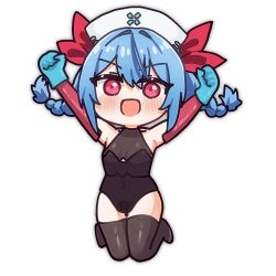 1girl alpha_transparency black_leotard black_thighhighs blue_gloves blue_hair blush braid breasts chibi colphne_(girls&#039;_frontline_2) colphne_(silent_heart)_(girls&#039;_frontline_2) commentary english_commentary full_body girls&#039;_frontline girls&#039;_frontline_2:_exilium gloves hat legs_up leotard looking_at_viewer medium_breasts nurse_cap open_mouth red_eyes rishe_(reeeeshe) simple_background smile solo thighhighs twin_braids