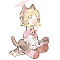 1girl animal_ear_headphones animal_ears ankle_boots black_thighhighs blonde_hair blue_archive blue_necktie boots bow bowtie cat_ear_headphones cat_tail closed_eyes collared_shirt fake_animal_ears fang hair_bow halo headphones hood hooded_jacket indian_style jacket low_twintails momoi_(blue_archive) necktie open_mouth pink_boots pink_halo red_bow red_bowtie shinbashi_seiji shirt short_hair simple_background sitting sketch solo tail thighhighs twintails white_background white_jacket white_shirt yawning