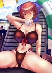 Rule 34 | 1girl, alternate costume, ball, baseball (object), beach, bikini, black bikini, blue bow, bottle, bow, breasts, cleavage, cloud, commentary request, hair bow, highres, huge breasts, innertube, looking at viewer, navel, one eye closed, outdoors, red eyes, red hair, ribbon-trimmed bikini, ribbon trim, sekibanki, sekibanki (dullahan on the beach), shounen (hogehoge), sitting, solo, spread legs, swim ring, swimsuit, touhou, touhou lostword, variant set, water bottle