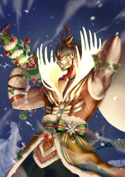 Rule 34 | 1boy, absurdres, animal ears, antlers, arm up, bell, black hair, bow, bowtie, christmas tree, clenched hands, closed eyes, deer ears, dumbbell, eikthyrnir (fire emblem), eikthyrnir (winter) (fire emblem), fake antlers, fire emblem, fire emblem heroes, flexing, highres, holding, holding dumbbell, holding sack, horns, masked, muscular, muscular male, nintendo, pectoral cleavage, pectorals, reindeer antlers, sack, shoko (pixiv 74769700), snowman