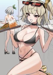 2girls absurdres anby_demara bikini black_bikini black_choker blonde_hair breasts burnice_white choker cleavage commentary_request cup dondobi drink eyewear_on_head food grey_hair highres holding holding_plate indoors large_breasts multiple_girls navel open_mouth plate platform_heels red_eyes short_hair stomach sunglasses swimsuit twintails zenless_zone_zero