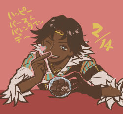 1boy circlet dark-skinned_male dark_skin dated feather_collar fire_emblem fire_emblem_engage fogado_(fire_emblem) gold_circlet gold_necklace highres jewelry looking_at_viewer male_focus misoshiru_utoma necklace nintendo prince solo very_dark_skin
