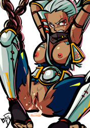 1girl aftersex angry armor asymmetrical_hair bad_id bad_pixiv_id barefoot bdsm big-d bondage bound breasts chain clenched_teeth clitoris cum cum_in_pussy cumdrip dark-skinned_female dark_skin facial_tattoo female_focus female_pubic_hair fringe_trim greaves hyrule_warriors impa large_breasts nintendo nipples pointy_ears pubic_hair pussy red_eyes solo tattoo tears teeth the_legend_of_zelda toeless_legwear toes torn_clothes uncensored white_hair