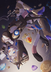 1girl :d animal_ears black_gloves blue_eyes breasts cat_ears cat_tail cipher_(honkai:_star_rail) coin commentary_request fangs fingerless_gloves gem gloves grey_hair high_heels highres honkai:_star_rail honkai_(series) long_sleeves looking_at_viewer medium_breasts mole mole_on_chest nail_polish open_mouth partial_commentary rade_(rade_552) short_hair smile solo tail thigh_strap yellow_nails