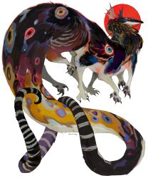 absurdres animal_focus artist_name black_fur black_tail creature creature_focus extra_legs fins fish_head full_body head_fins highres kamikiririp multicolored_fur multicolored_tail no_humans orange_fur original simple_background solo striped_tail tail whiskers white_background yellow_tail