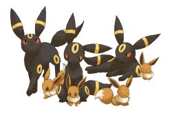Rule 34 | animal ears, animal nose, black fur, brown eyes, brown fur, circle facial mark, colored sclera, dot nose, eevee, evolutionary line, facial mark, forehead mark, gen 1 pokemon, gen 2 pokemon, highres, looking at another, looking down, nintendo, no humans, pokemon, pokemon (creature), pokemon focus, red sclera, sleeping, tail, two-tone fur, umbreon, volpecorvo