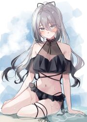 1girl bikini black_bikini blue_eyes breasts cleavage frilled_bikini frills grey_hair hair_between_eyes hair_intakes highres long_hair maru_ru2020 medium_breasts nijisanji ponytail sitting solo sophia_valentine swept_bangs swimsuit thigh_strap virtual_youtuber water wet