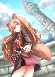 1girl :o alternate_eye_color animal_ear_fluff animal_ears belt black_dress blue_sky breasts brown_belt brown_eyes brown_hair child cloud cloudy_sky commentary cowboy_shot day dress dutch_angle gold_trim grey_dress highres jam_of_apple knife layered_dress long_hair long_sleeves looking_at_viewer looking_back metal_hair_tubes open_mouth outdoors raccoon_ears raccoon_girl raccoon_tail raphtalia red_dress sheath sheathed short_dress short_sleeves sky small_breasts solo standing stone_wall tail tate_no_yuusha_no_nariagari tower two-tone_dress