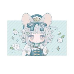 1girl animal_ears blush bow chibi chibi_only english_text flower grey_eyes grey_hair hair_ornament hair_ribbon hairclip memuro mouse_ears original parted_lips piercing ribbon rose sample_watermark short_hair striped_background twitter_username watermark white_flower white_rose