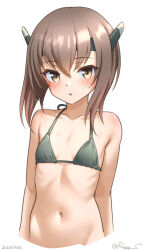 Rule 34 | 1girl, bikini, brown eyes, brown hair, flat chest, grey bikini, headgear, kantai collection, looking at viewer, navel, one-hour drawing challenge, ray.s, short hair, short hair with long locks, simple background, solo, swimsuit, taihou (kancolle), upper body, white background