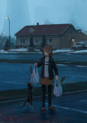 1girl absurdres bag black_jacket black_leggings brown_hair bush car cat closed_mouth collarbone dusk fence full_body garage grey_eyes hair_ornament hairclip hanging highres holding holding_bag house jacket lamppost leggings light_blush looking_at_another low_ponytail motor_vehicle open_clothes open_jacket orange_skirt original overcast parking_lot pleated_skirt ponytail scenery shion_(mirudakemann) shirt shoes shopping_bag short_hair short_ponytail skirt sky sneakers snow solo spring_onion swept_bangs tree white_shirt winter