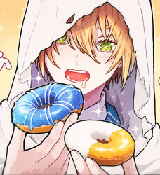 1boy blonde_hair blush cloak commentary diamond-shaped_pupils diamond_(shape) donut drooling eyelashes food hair_between_eyes holding holding_donut holding_food hood hood_up hooded_cloak kuhaha looking_at_food male_focus open_mouth shirt solo sparkle symbol-only_commentary symbol-shaped_pupils teeth tongue torn_clothes touken_ranbu upper_body white_cloak white_shirt yamanbagiri_kunihiro