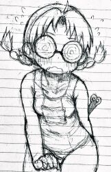 Rule 34 | 1girl, bachera, blush, flying sweatdrops, glasses, graphite (medium), greyscale, highres, monochrome, open mouth, original, sketch, solo, traditional media