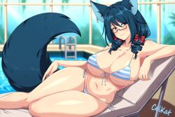 1girl animal_ears bikini blue_hair blurry blurry_background blush bow breasts commentary english_commentary fox_ears fox_girl fox_tail glasses hair_bow large_breasts lindaroze looking_at_viewer lying navel on_side original red_eyes side-tie_bikini_bottom solo string_bikini striped_bikini striped_clothes swimsuit tail