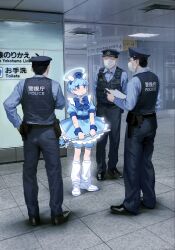 4boys arrest blue_bow blue_hair blue_wrist_cuffs bow brooch faceless faceless_male full_body halo hat head_wings highres holding holding_staff indoors ishida_(segu_ishida) japan_national_police jewelry looking_at_another magical_girl mask mouth_mask multiple_boys original police police_hat police_uniform policeman real_world_location sailor_collar shoes short_hair socks soul_gem staff surreal surrounded talking tile_floor tiles train_station trap wand white_shoes white_socks wings wrist_cuffs yokohama
