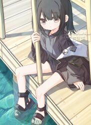 Rule 34 | 1girl, black hair, black jacket, black sandals, brown eyes, closed mouth, commentary request, grey shirt, hair between eyes, hand up, jacket, long sleeves, looking at viewer, off shoulder, open clothes, open jacket, original, outdoors, platform sandals, puffy long sleeves, puffy sleeves, sandals, shiho (yuuhagi (amaretto-no-natsu)), shirt, signature, sitting, sleeves past wrists, solo, water, watermark, yuuhagi (amaretto-no-natsu)