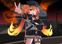 1girl absurdres alceid artist_name blurry blurry_background building commission crack enya_ignis fangs fire hair_ornament hairclip hat highres idol_corp jacket knee_up knees_up long_hair multicolored_hair nose orange_hair outdoors pants pocket pointy_ears red_eyes road skin_fangs smoke standing street twintails v virtual_youtuber window wing zipper