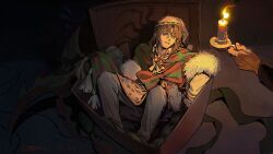 1boy 1other arthropod_limbs bow box brown_eyes brown_hair candle candlestand christmas_nightmare_(e.g.o) e.g.o_(project_moon) gift gift_box green_shawl gregor_(project_moon) guizhenc highres holding_candlestand in_box in_container limbus_company long_hair pajamas pants parted_lips project_moon red_bow striped_bow white_pajamas white_pants
