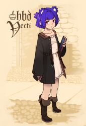 Rule 34 | 1girl, :o, alternate costume, animal ear fluff, animal ears, anniversary, arm at side, bear ears, bear girl, belt, belt buckle, black coat, blue hair, blunt bangs, blunt ends, blunt sidelocks, bob cut, book, boots, breasts, brown belt, brown boots, brown coat, buckle, buttons, center-flap bangs, coat, collarbone, commentary, crate, cupcake, doodle inset, double-parted bangs, dress, english commentary, english text, extra ears, eyebrows hidden by hair, fantasy, food, frilled dress, frills, from side, full body, go! go! gris!, gris (go! go! gris!), hair intakes, half updo, hand up, happy birthday, highres, holding, holding book, hood, hood down, hooded coat, kurisuu101, leather, leather belt, leather boots, long eyelashes, looking at viewer, looking to the side, monochrome background, multicolored coat, open belt, open clothes, open coat, open hand, open mouth, outdoors, pavement, pink eyes, ponytail, raised eyebrows, raised inner eyebrows, short dress, short hair, short ponytail, side slit, sidelocks, sidewalk, sleeve slit, small breasts, solo, standing, stone walkway, stone wall, strapless, strapless dress, thick eyelashes, two-sided coat, two-sided fabric, two-tone coat, unbuttoned, waist ribbon, white dress, wide sleeves