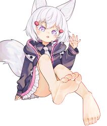 1girl animal_ears bare_legs barefoot black_jacket chaosexceed commentary english_commentary feet foot_focus fox_ears fox_girl fox_tail full_body highres hood hooded_jacket jacket long_sleeves looking_at_viewer open_mouth paid_reward_available phase_connect purple_eyes short_hair simple_background soles solo tail teeth tenma_maemi toes upper_teeth_only virtual_youtuber white_background white_hair