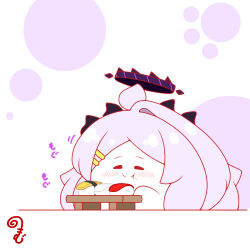 Rule 34 | :t, ahoge, blue archive, blush, chibi, closed eyes, closed mouth, eating, fish (food), food, food on face, grey hair, hair ornament, hairclip, halo, highres, hina (blue archive), horns, kurukurumagical, long hair, motion lines, nigirizushi, parted bangs, single hair intake, solo, sushi, translation request, upper body, very long hair, white background
