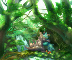 :d ^_^ apple closed_eyes commentary_request creature day evolutionary_line flower food forest fruit gen_1_pokemon grass hug kikuyoshi_(tracco) nature nidoking nidoqueen nidoran nidoran_(female) nidorino nintendo no_humans open_mouth outdoors pokemon pokemon_(creature) river smile standing sunlight tree water