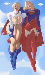 2girls absurdres blonde_hair blue_boots blue_gloves boots breasts cape cleavage cleavage_cutout clothing_cutout dc_comics floating gloves high_heel_boots high_heels highres huge_breasts leotard long_hair long_sleeves looking_at_viewer medium_breasts multiple_girls power_girl red_boots red_cape red_lips red_skirt saigalisk short_hair skirt supergirl superhero_costume superman_logo thick_thighs thigh_boots thighhighs thighs white_leotard wide_hips