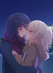 2girls asaka_karin bag blonde_hair blue_bag blue_eyes blue_hair blue_jacket blunt_bangs blush brown_jacket commentary_request diverdiva eye_contact hood hood_down hooded_jacket hug imminent_kiss jacket kuroda_roku_(345) long_sleeves looking_at_another love_live! love_live!_nijigasaki_high_school_idol_club medium_hair miyashita_ai multiple_girls night night_sky orange_eyes outdoors parted_lips plaid_clothes plaid_scarf ponytail red_scarf scarf school_bag sidelocks sky standing star_(sky) starry_sky upper_body yuri