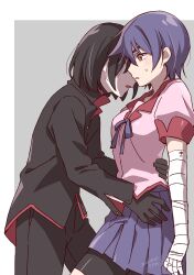 Rule 34 | 1boy, 1girl, absurdres, bandaged arm, bandages, bike shorts, black gloves, black hair, black jacket, black pants, blue hair, blue skirt, breasts, cowboy shot, from side, gakuran, gloves, grey background, hands on another&#039;s waist, hetero, highres, hug, jacket, kanbaru suruga, long sleeves, manimani (mani ma), medium breasts, monogatari (series), naoetsu high school uniform, open mouth, oshino ougi, pale skin, pants, pleated skirt, profile, school uniform, short hair, skirt, standing, sweatdrop