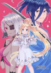 Rule 34 | 1boy, 2girls, arakiya (re:zero), blonde hair, blue eyes, blue hair, breasts, cecilus segmunt, clothing cutout, commentary request, dark-skinned female, dark skin, dress, eyepatch, grey hair, hair between eyes, hair bun, highres, holding, holding sword, holding weapon, katana, long hair, mole, mole under mouth, multiple girls, oshi suko1, pink background, re:zero kara hajimeru isekai seikatsu, red eyes, rui arneb, serious, sideboob, simple background, single hair bun, sparkle, sword, translation request, very long hair, weapon, white dress