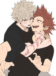 2boys absurdres arms_around_neck arms_up bakugou_katsuki biting biting_cheek black_shirt blonde_hair boku_no_hero_academia commentary_request crew_neck depisx facial_scar grey_pants hair_between_eyes hand_on_another&#039;s_neck highres kirishima_eijiro looking_at_another male_focus multiple_boys multiple_scars open_mouth pants red_eyes red_hair sanpaku scar scar_on_arm scar_on_cheek scar_on_face sharp_teeth shirt short_hair short_sleeves simple_background spiked_hair t-shirt teeth upper_teeth_only white_background yaoi