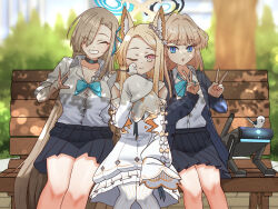 Rule 34 | 3girls, absurdres, animal ear fluff, animal ears, asuna (blue archive), asuna (school uniform) (blue archive), bench, bird, blonde hair, blue archive, blue bow, blue bowtie, blue eyes, blue halo, blue jacket, blue skirt, bow, bowtie, breasts, closed eyes, collarbone, detached sleeves, dress, fox ears, gradient eyes, grin, hair over one eye, halo, highres, jacket, large breasts, long hair, long sleeves, multicolored eyes, multiple girls, non-humanoid robot, one eye closed, open clothes, open jacket, orange eyes, park bench, pleated skirt, puffy long sleeves, puffy sleeves, robot, robot animal, seia (blue archive), shirozaya, shirt, sitting, skirt, sleeves rolled up, smile, thighhighs, thighs, toki (blue archive), toki (school uniform) (blue archive), v, very long hair, white dress, white shirt, white thighhighs, yellow eyes, yellow halo