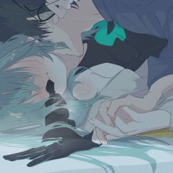 1boy 1girl absurdres antonina_(neural_cloud) biting biting_glove black_gloves black_hair black_tank_top blue_shirt dated_commentary girls&#039;_frontline girls&#039;_frontline_neural_cloud gloves green_hair hair_over_eyes highres holding holding_hands holding_removed_eyewear kiss kissing_neck long_hair male_professor_(neural_cloud) parted_lips professor_(neural_cloud) ryunosuke_nikaido shirt short_hair sweat tank_top unworn_eyewear unworn_gloves